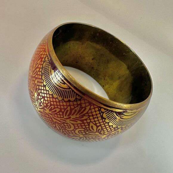 Red and gold tone wide brass  bangle bracelet - Picture 10 of 11